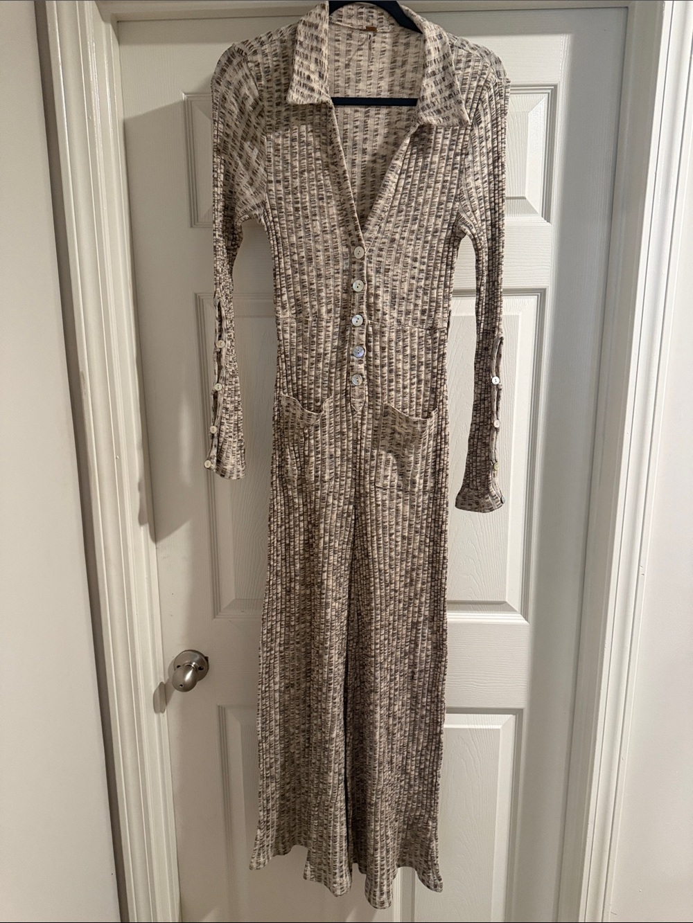 Free People Ribbed Button-Front Jumpsuit in Taupe